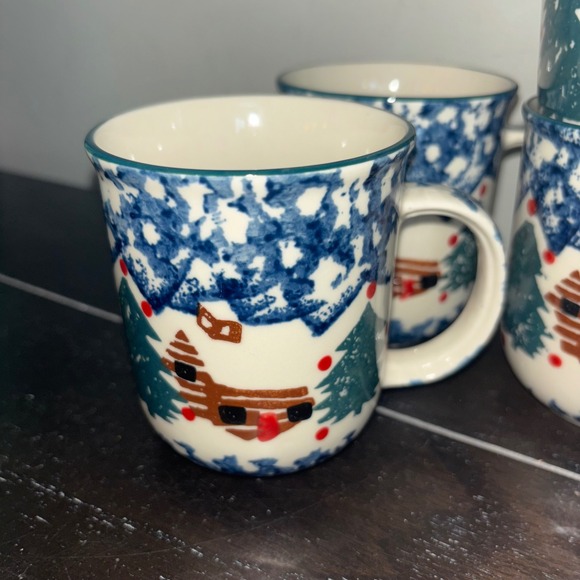 Set of 4 Mugs | Folk Craft by Tienshan | Cabin in the Snow | Sponge painted - Picture 2 of 11